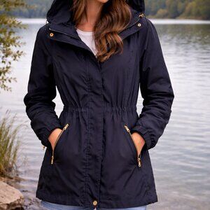 Ci Sono | Navy Zip Hooded Cinch Waist Raincoat Medium